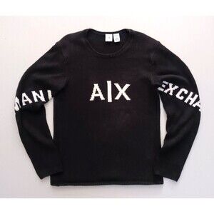 Armani Exchange Blk Cotton Mens Pullover Sweater White Logo Sz S
